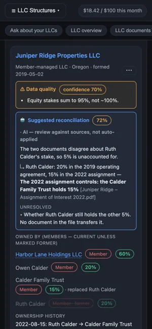 A company card flagged because its stakes sum to 95%, with a suggested reconciliation and what is still unresolved.