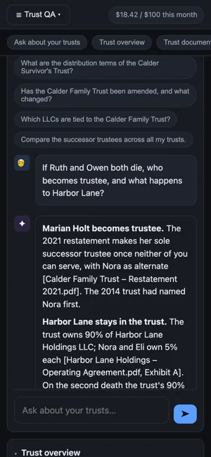 Who becomes trustee if both grantors die, asked on a phone, with the answer naming the trust restatement it came from.