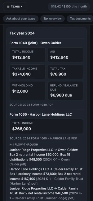 Tax year 2024 on a phone: the joint return's totals, a partnership return, and the K-1s it issued.