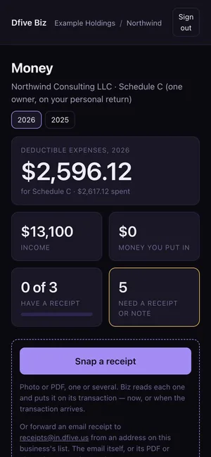 Money on the phone: deductible expenses, income, receipts in hand, and the snap-or-forward panel.