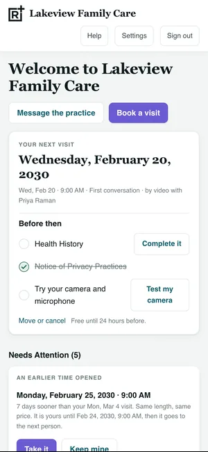 The patient's portal: the next video visit, the forms still to complete, and a camera check.