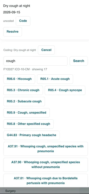 Coding a new problem: ICD-10-CM matches for cough from the current edition.