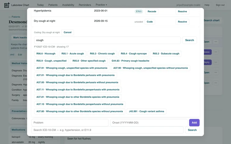 The problem list with two coded problems and one being coded from ICD-10-CM search results.