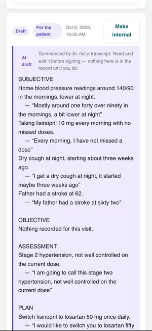 An AI-drafted SOAP note: each sentence followed by the words from the visit it rests on.