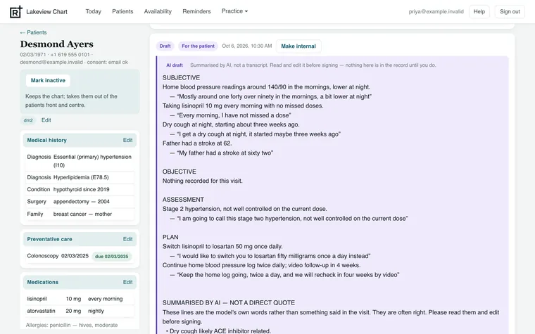 The draft note beside the patient's chart, with the quote under each line.