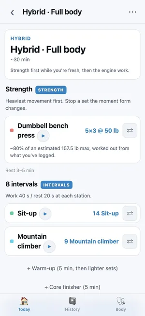A generated hybrid session: a strength block with sets and weight, then an AMRAP.