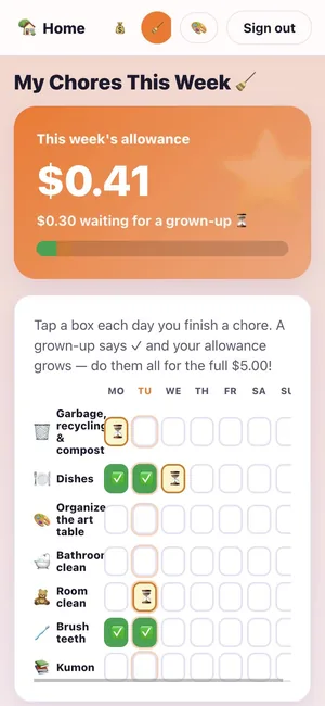 A kid's chores for the week: this week's allowance so far, what is waiting for a grown-up, and a grid of chores by day with ticked and pending boxes.