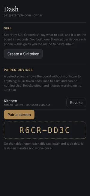 Pairing a screen from the phone: an eight-character code to type on the tablet, the screens already paired, and the Siri setup for adding to a list by voice.