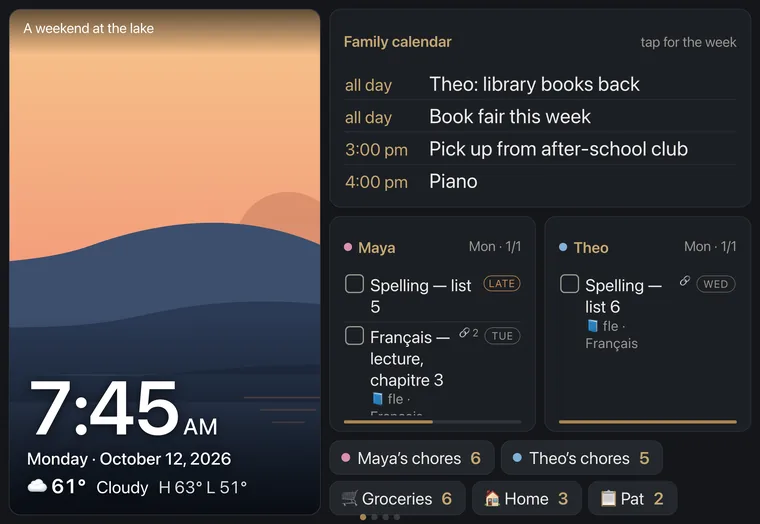 The family dashboard on a tablet: the time and weather over a photo, today's calendar, each kid's homework, and buttons for each kid's chores and the family's lists.