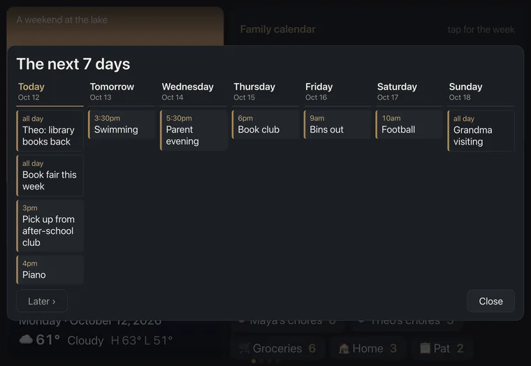 The week on the wall tablet: seven columns, one per day, each with that day's events as cards.