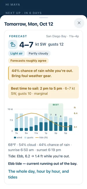 A day's forecast: wind and gusts by the hour, the tide, and the best time to sail.
