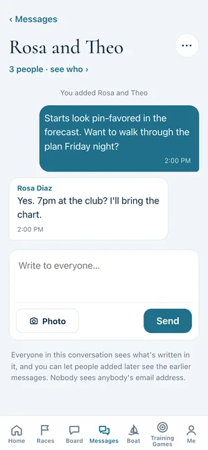 A conversation between three sailors planning the start.