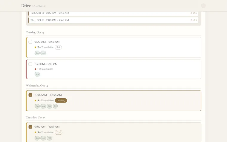 The invitee's view on a laptop: times by day, the leading one marked.