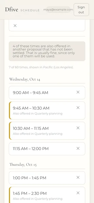 Setting up a meeting: a 45-minute length and two blocks of free time, turned into seven options.
