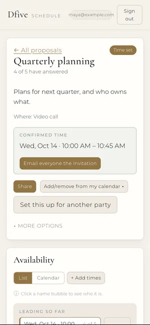 The confirmed time, with a button to email everyone the invitation.