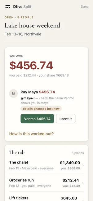 A friend's view: what they owe, and a Venmo button with the amount filled in.