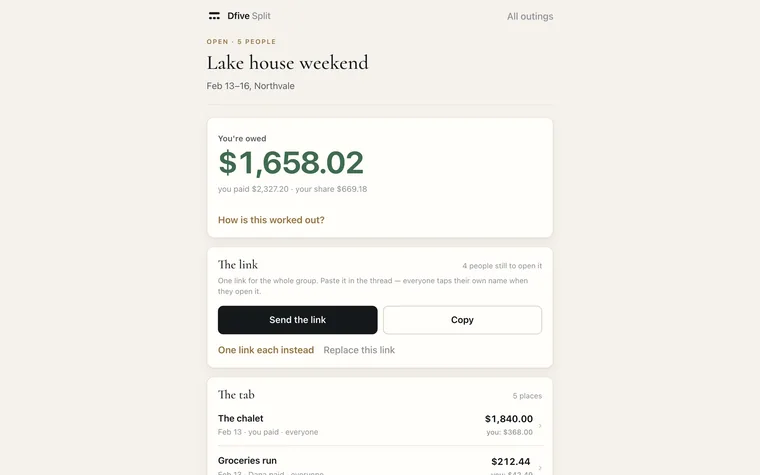 The organizer's view of an outing: what they're owed and the link to share.