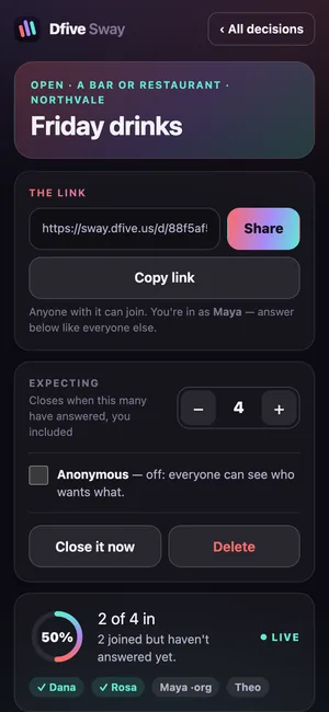 A decision's page: the link to share and how many have answered.