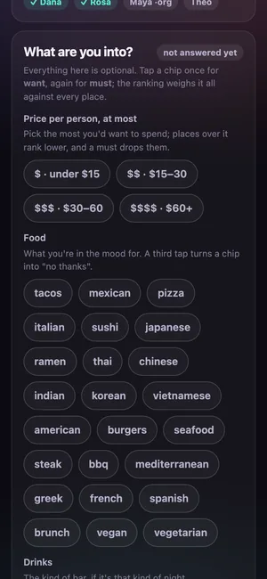 What are you into: chips for price, food, drinks and vibe.